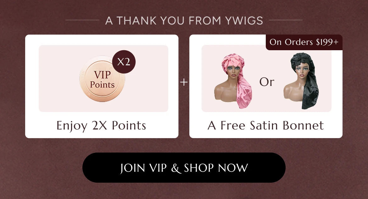 Promotional graphic for YWigs thanking VIP customers, showing two gift points and a free satin bonnet with a model wearing pink hair accessories, plus a white gift box with a satin ribbon and a 48-hour-only badge on a mauve background.