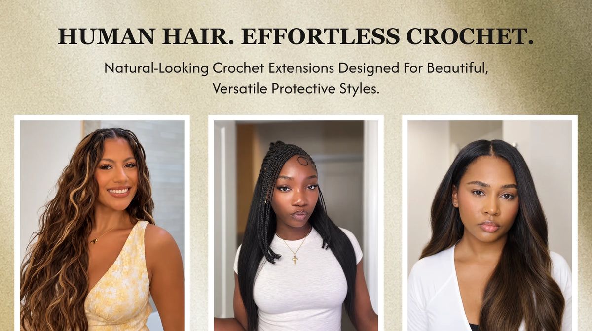 100% human crochet hair extensions for full-head installs, boho braids, and colored crochet braids