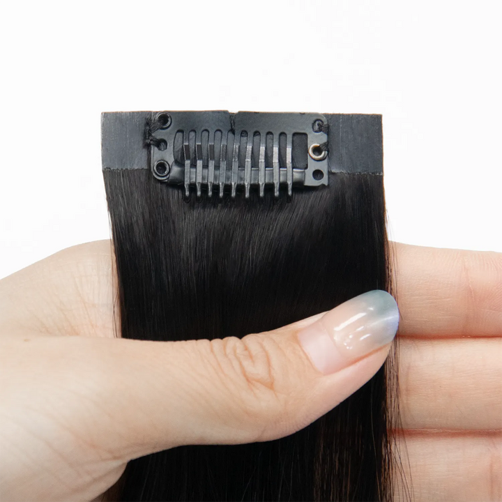 Close-up of Ywigs Invisible Edge Clip In Hair Extensions showing secure clips and seamless edge design