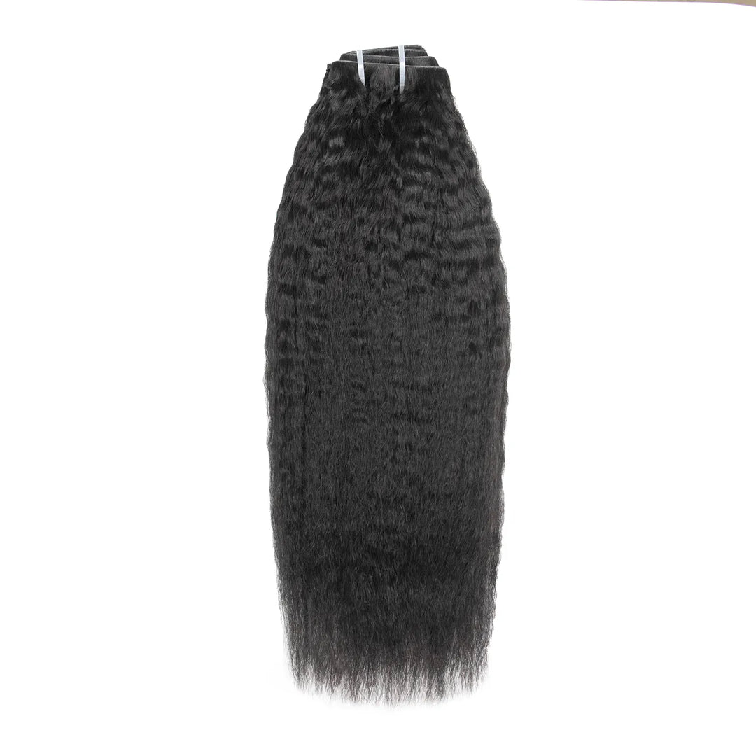 Ywigs Invisible Edge Clip In Kinky Straight Hair Extensions set showing multiple wefts and full texture