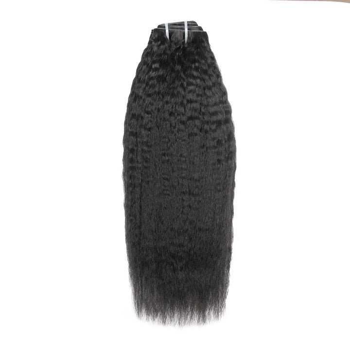 Ywigs Invisible Edge Clip In Kinky Straight Hair Extensions set showing multiple wefts and full texture