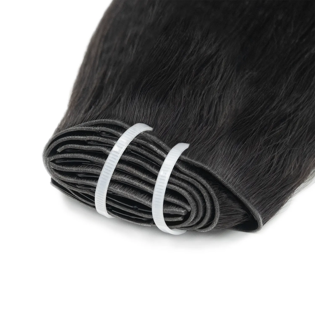 Close-up of Ywigs Invisible Edge Clip In Yaki Straight Hair Extensions showing defined yaki texture and natural movement