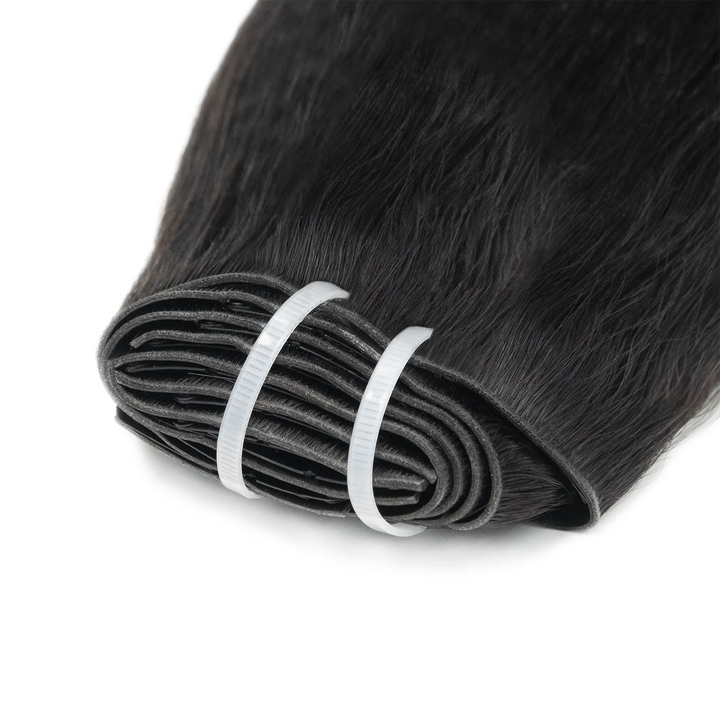 Close-up of Ywigs Invisible Edge Clip In Yaki Straight Hair Extensions showing defined yaki texture and natural movement