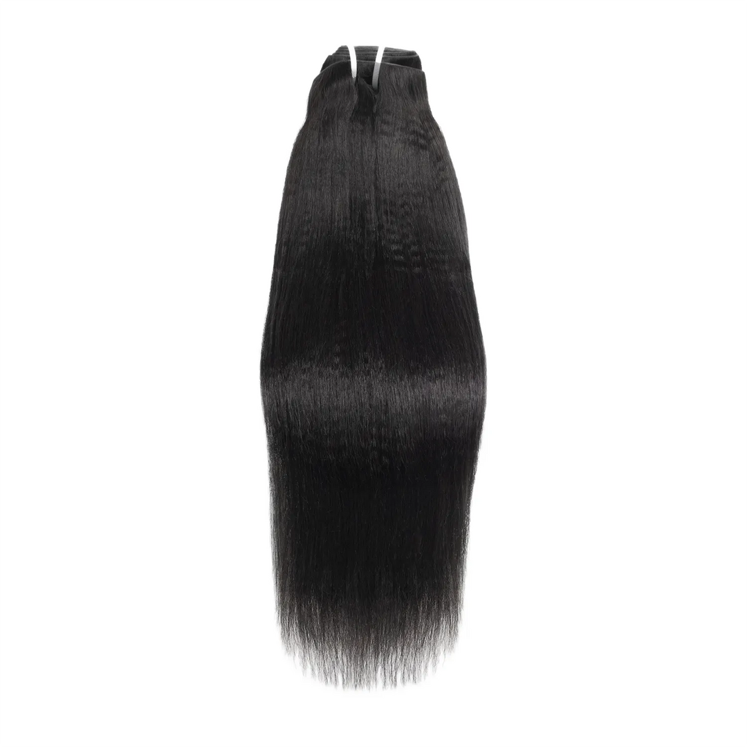 Close-up of Ywigs Invisible Edge Clip In Yaki Straight Hair Extensions showing defined yaki texture and natural movement