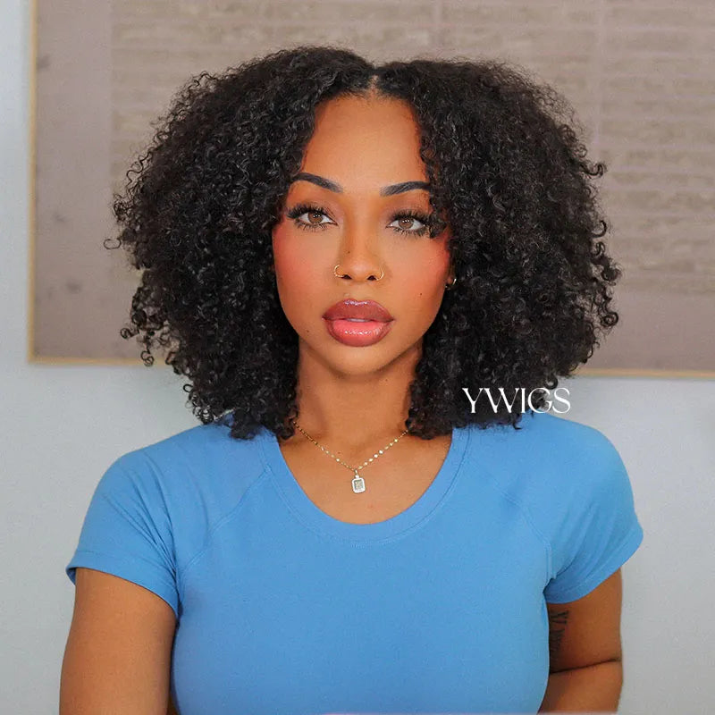 Ywigs Natural  Multi Textured Kinky Curly human crochet hair front view for crochet braid style
