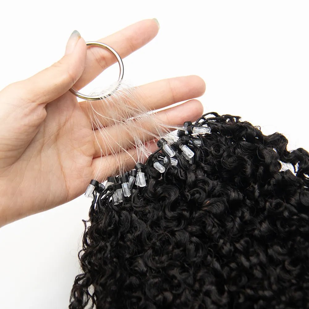Close-up of Ywigs Kinky Curly Micro Loop Hair Extension showing the attached micro loop
