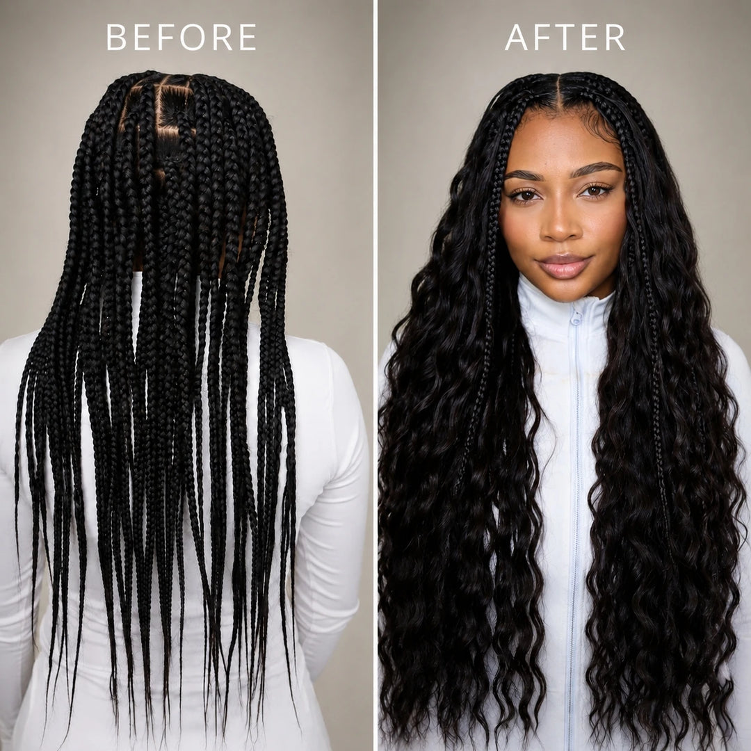 Before and after installation of Ywigs Natural Black loose deep wave human crochet hair for crochet braids transformation