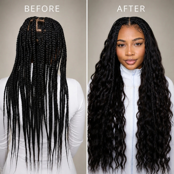 Before and after installation of Ywigs Natural Black loose deep wave human crochet hair for crochet braids transformation