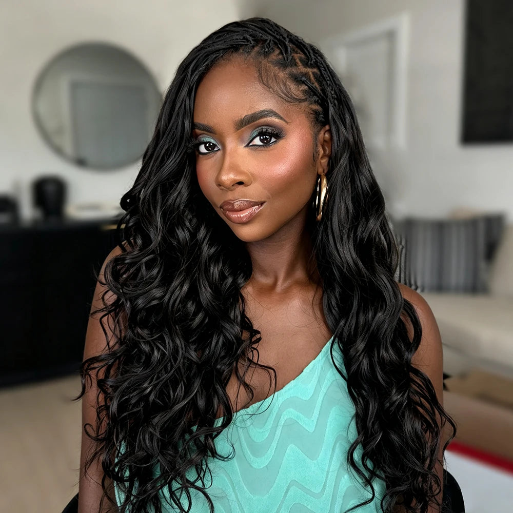 Side angle of Ywigs loose wave human crochet hair showing full volume and natural bounce