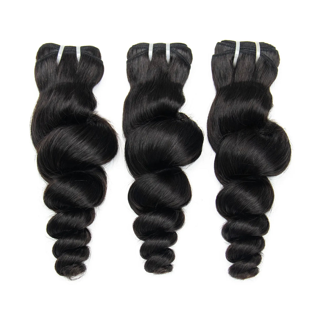 Ywigs Natural Color loose wave human hair three bundles front view with bouncy loose waves and silky sheen