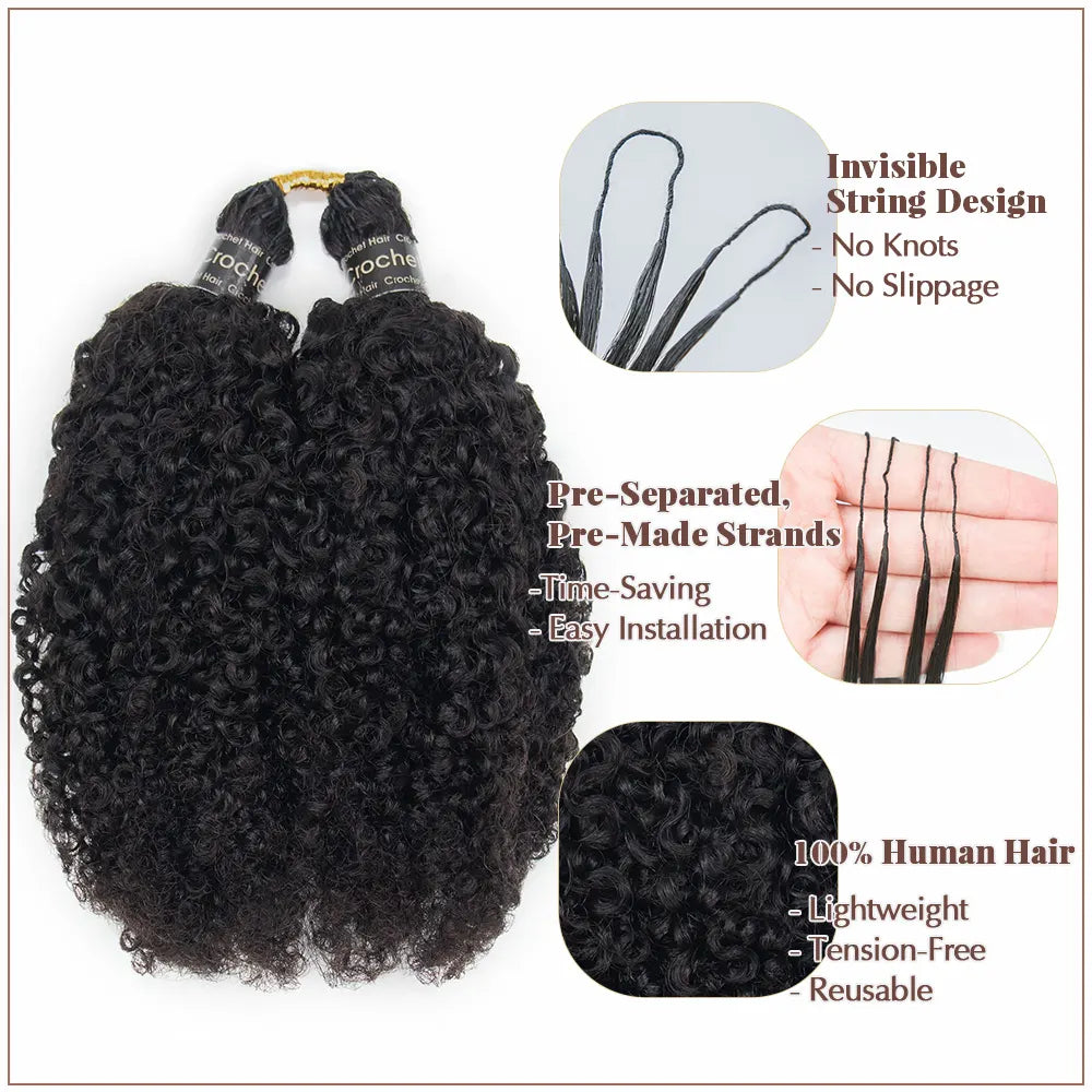 Ywigs Multi Textured Kinky Curly Crochet Hair infographic showing invisible string design pre separated pre made strands 100% human hair lightweight reusable no knot no slippage for crochet braids protective hairstyle