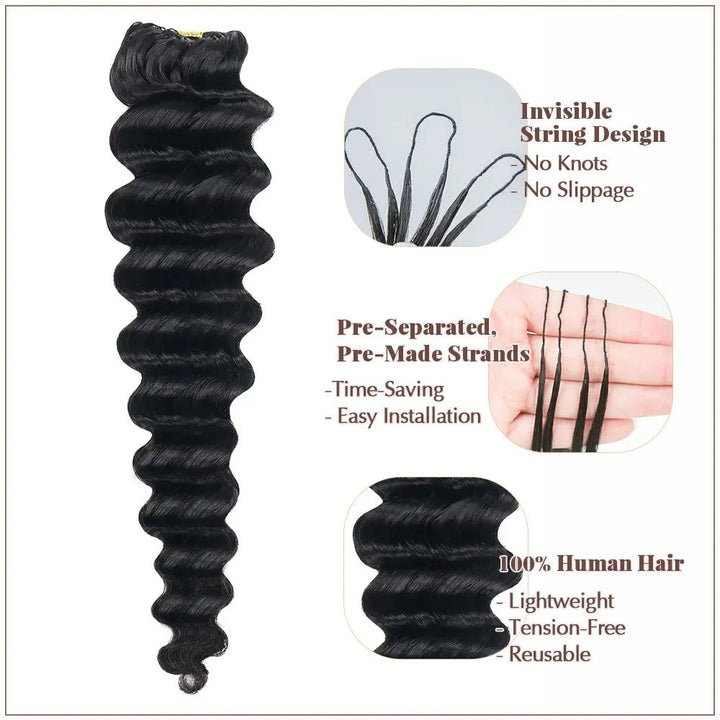 Ywigs Deep Wave Crochet Hair info with invisible string design no knots no slippage pre separated pre made strands 100% human hair lightweight reusable easy install for crochet braids protective hairstyles