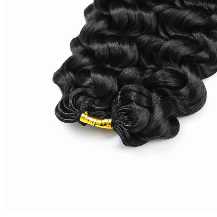 Ywigs natural black spanish curl human crochet hair close up of pre-made golden wrapped miracle knot root for easy installation
