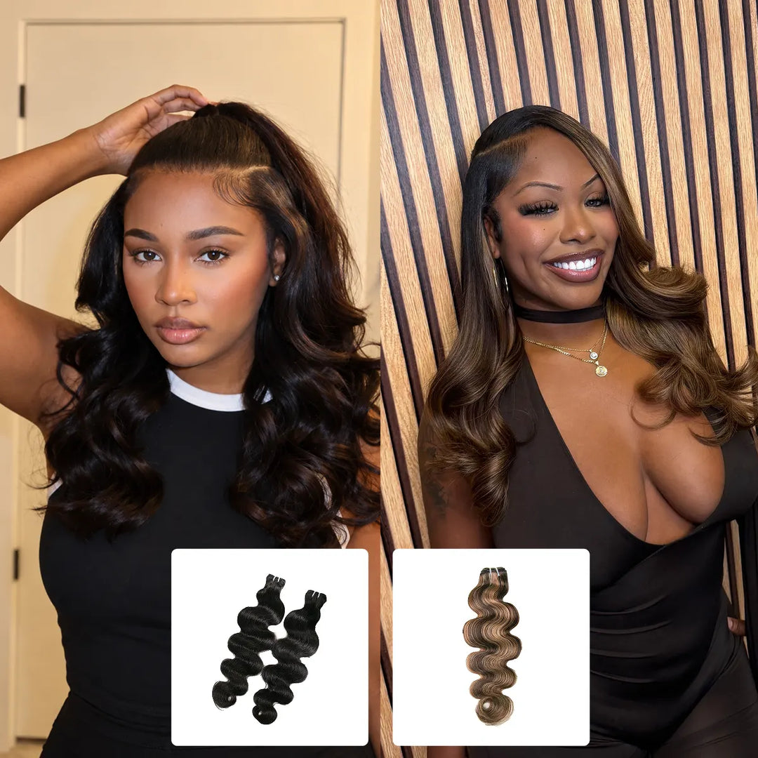 Ywigs Natural Color & #4/27/30 Body Wave Weft Bundles showing a dimensional blend of natural dark hair and warm highlights
