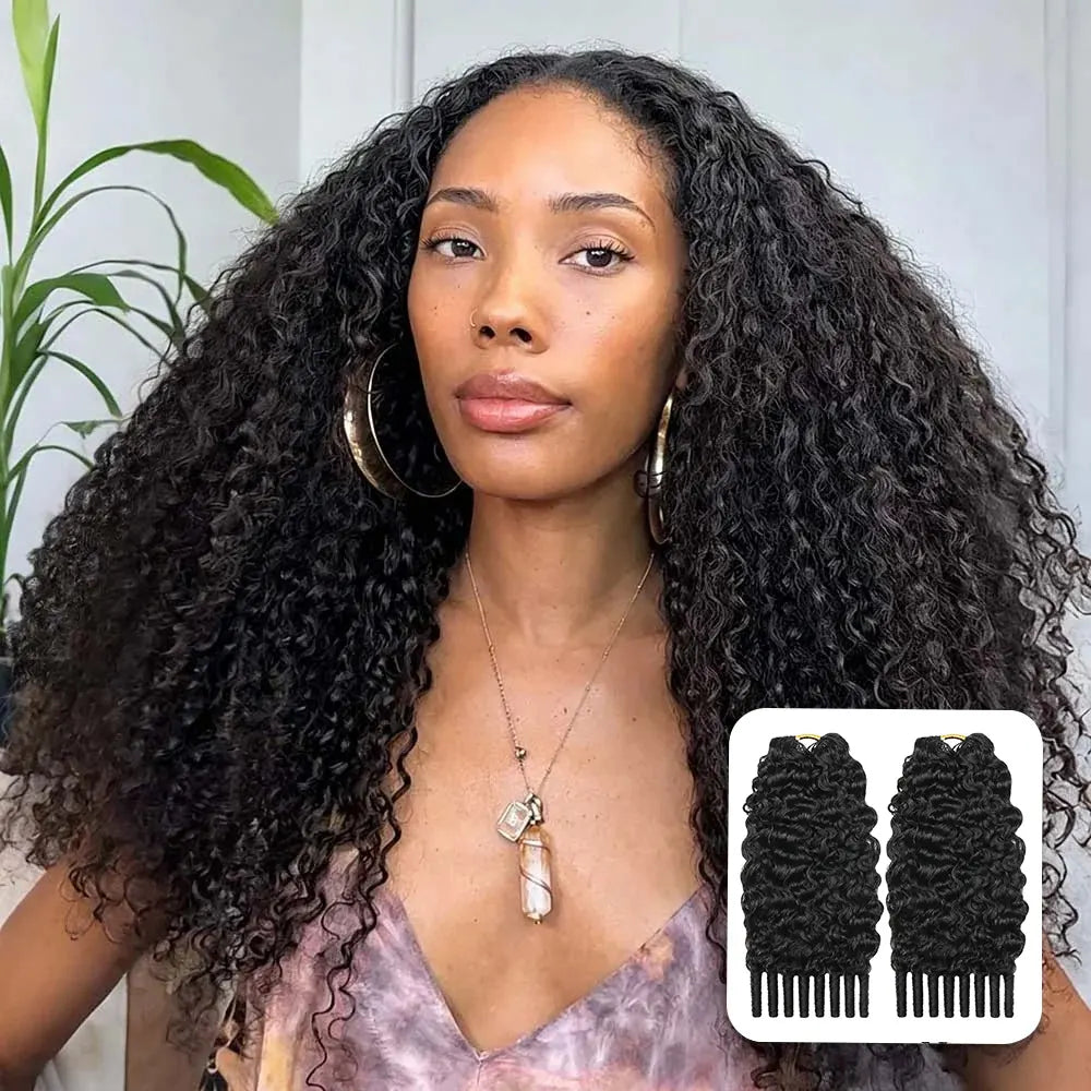 Natural Black Water Curly human crochet hair front view for crochet braid style
