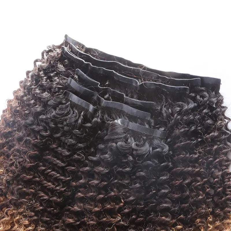 Ombre T1B427 Seamless Lace Weft Clip In Kinky Curly Human Hair Extensions