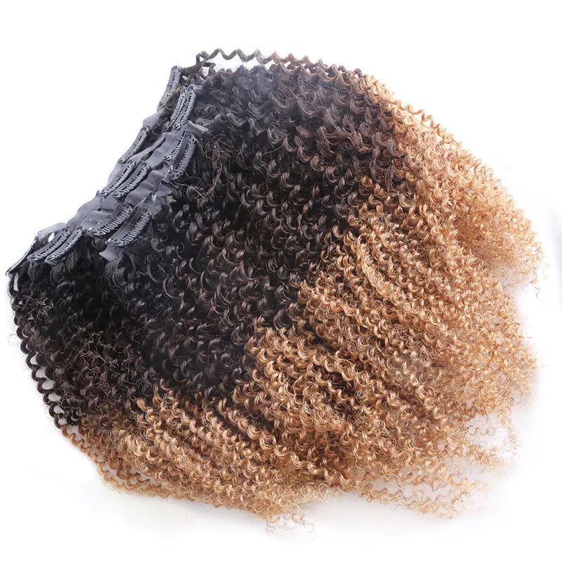Ombre T1B427 Seamless Lace Weft Clip In Kinky Curly Human Hair Extensions