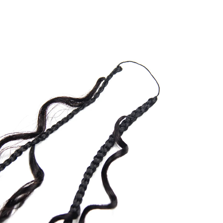 Single strand of Ywigs Pre-Braided Miracle Knots Deep Wave Crochet Hair showing the braided design and curly ends