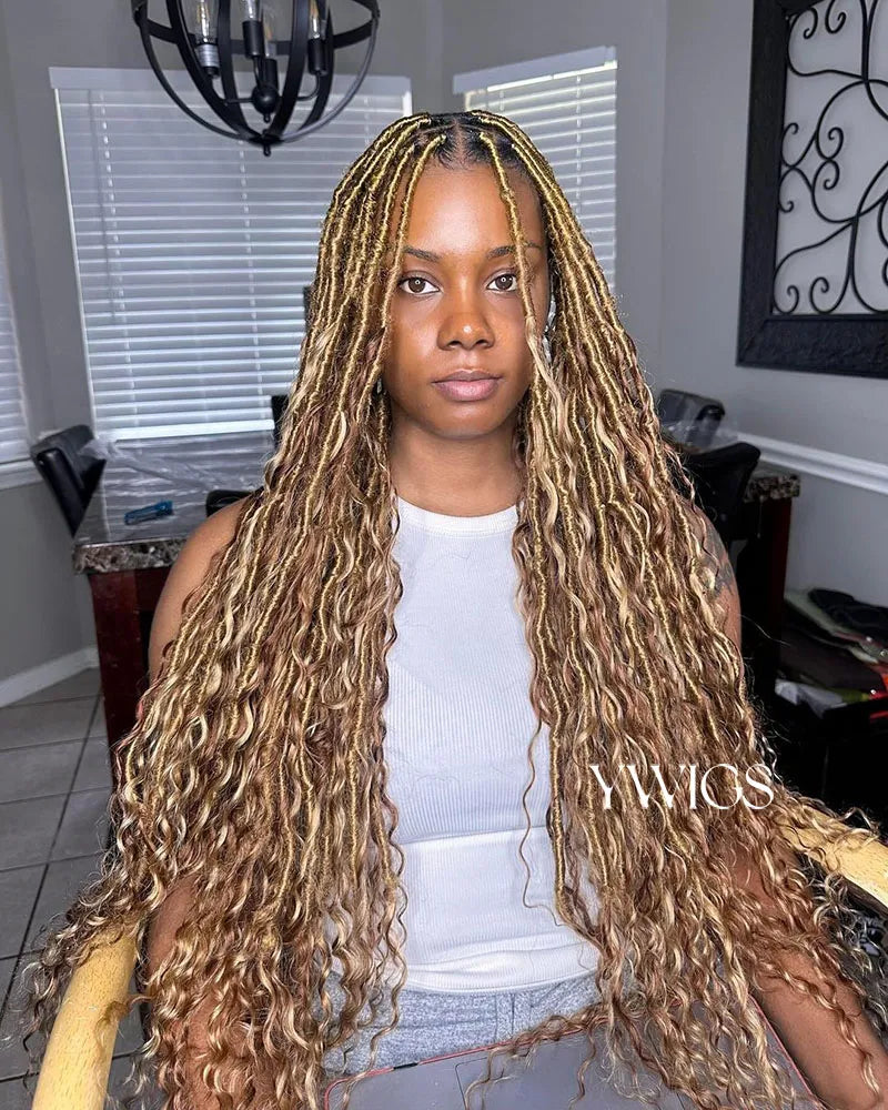 blonde mix brown goddess faux locs with curls end