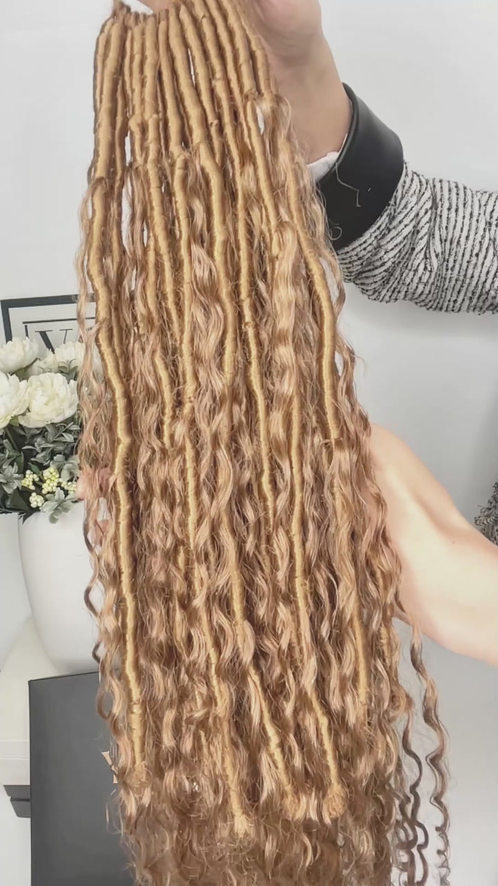 #27 Honey Blonde Pre-looped Crochet Boho Locs with Human Hair Curls