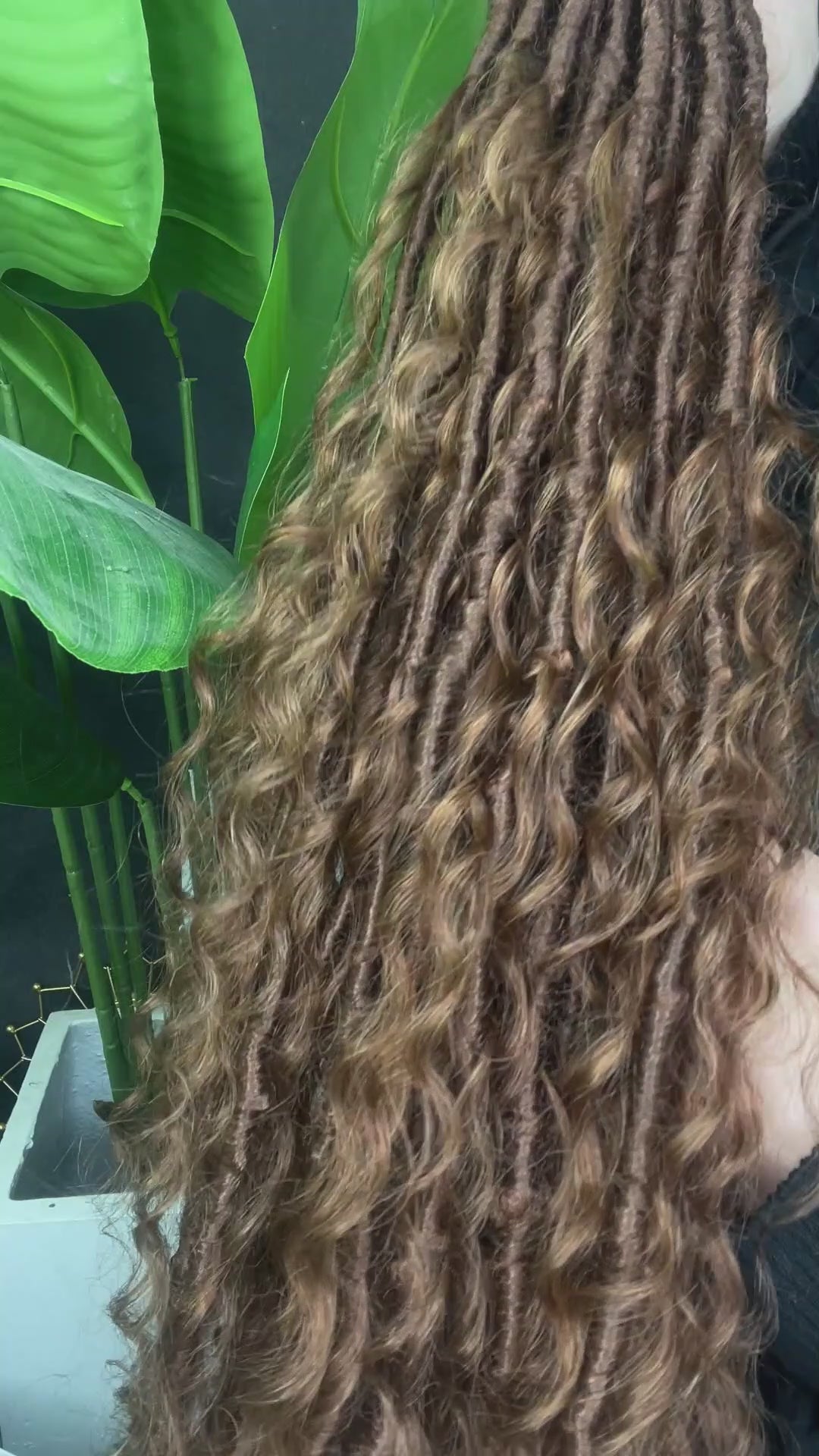 Pre-looped Light Auburn Crochet Boho Locs with Human Hair Curls