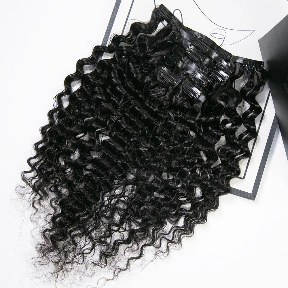 Invisible Seamless PU Weft Clip In Hair Extensions Deep Wave
