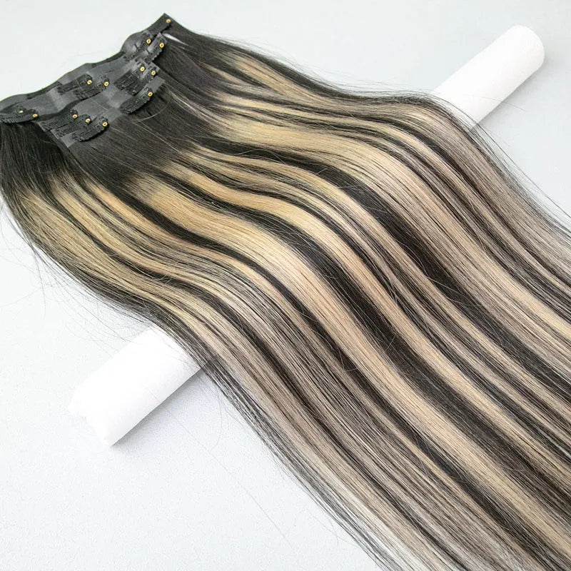 Straight Highlighted Seamless Clip In Hair Extensions