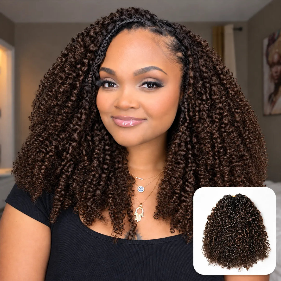 Ywigs #T1B/4 medium brown multi-textured kinky curly human crochet hair front view for natural dark root crochet braid style