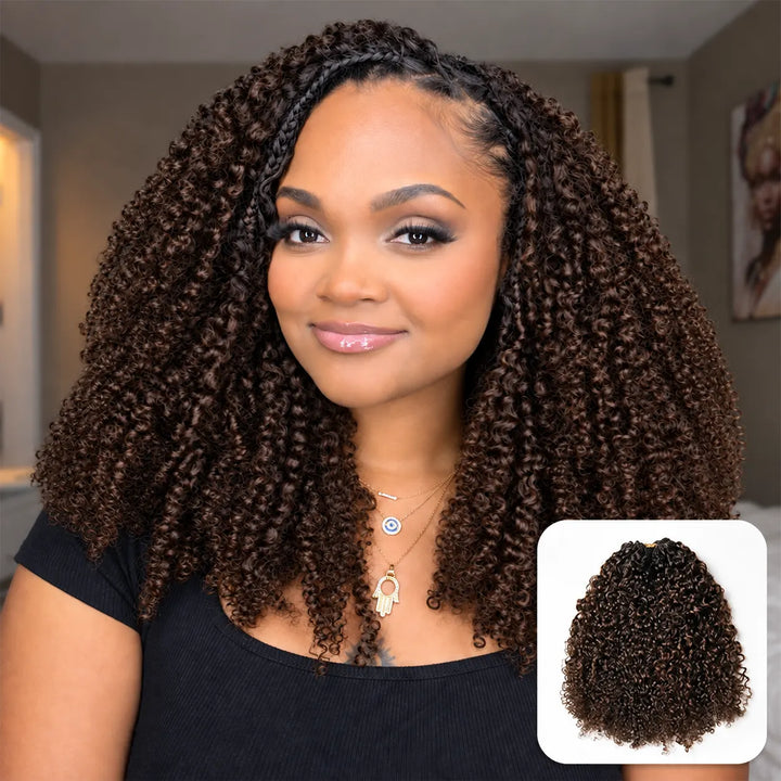 Ywigs #T1B/4 medium brown multi-textured kinky curly human crochet hair front view for natural dark root crochet braid style