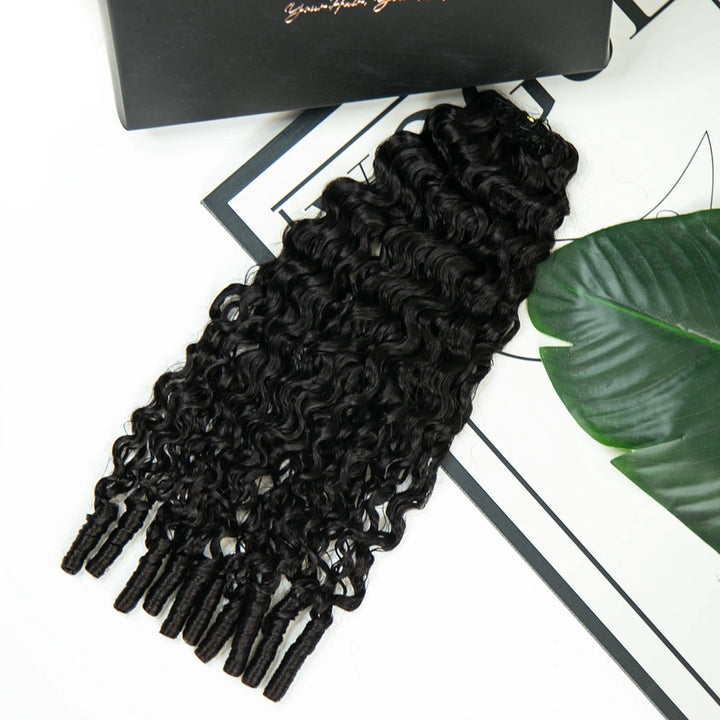 Natural Black water curly feather crochet hair front view Ywigs 