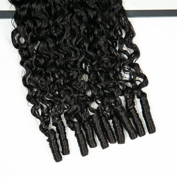 Close-up of Ywigs knotless feather crochet hair tips showing lightweight feathered ends and seamless construction