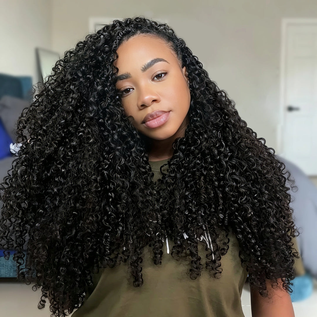 Natural Black Water Curly human crochet hair front view for crochet braid style Ywigs