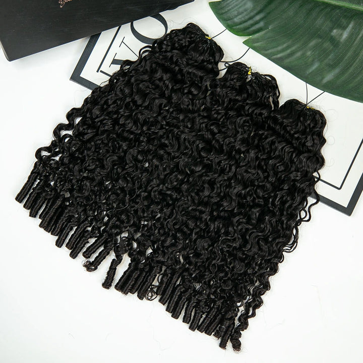 Detailed view of Natural Black water curly crochet hair texture and fluffy bulk volume Ywigs 