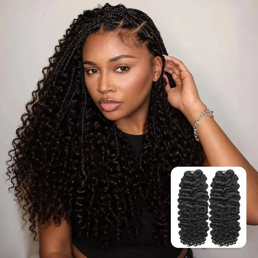 Ywigs model wearing natural black water deep wave feather crochet hair front view for crochet braid