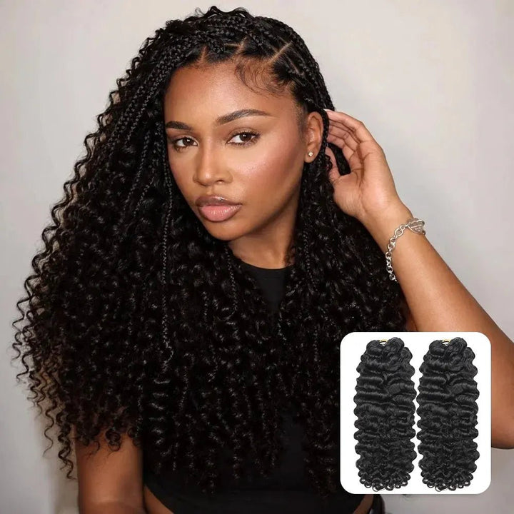 Ywigs model wearing natural black water deep wave feather crochet hair front view for crochet braid