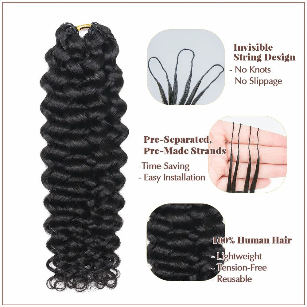 Ywigs Water Wave Feather Crochet Hair info with invisible string design no knots no slippage pre separated pre made strands 100% human hair lightweight reusable easy install for crochet braids protective hairstyles