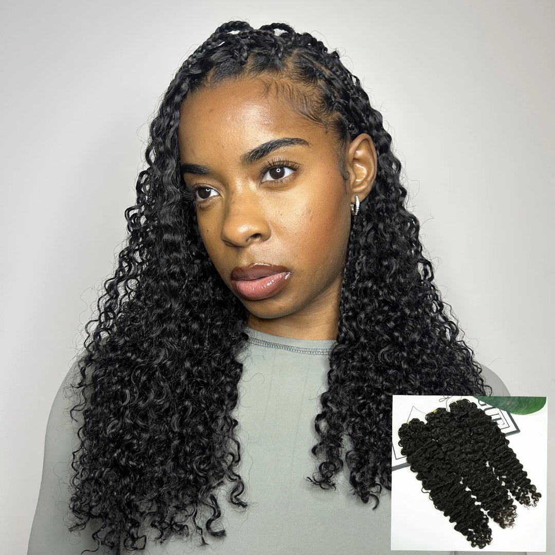 Ywigs Water Deep Wave Feather Crochet Hair installed in a curly protective style