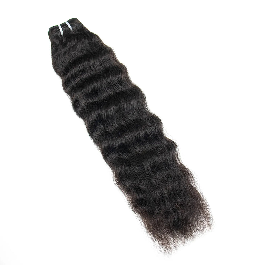 Ywigs Natural Color wet and wavy human hair bundle view showing soft natural wavy pattern and full volume