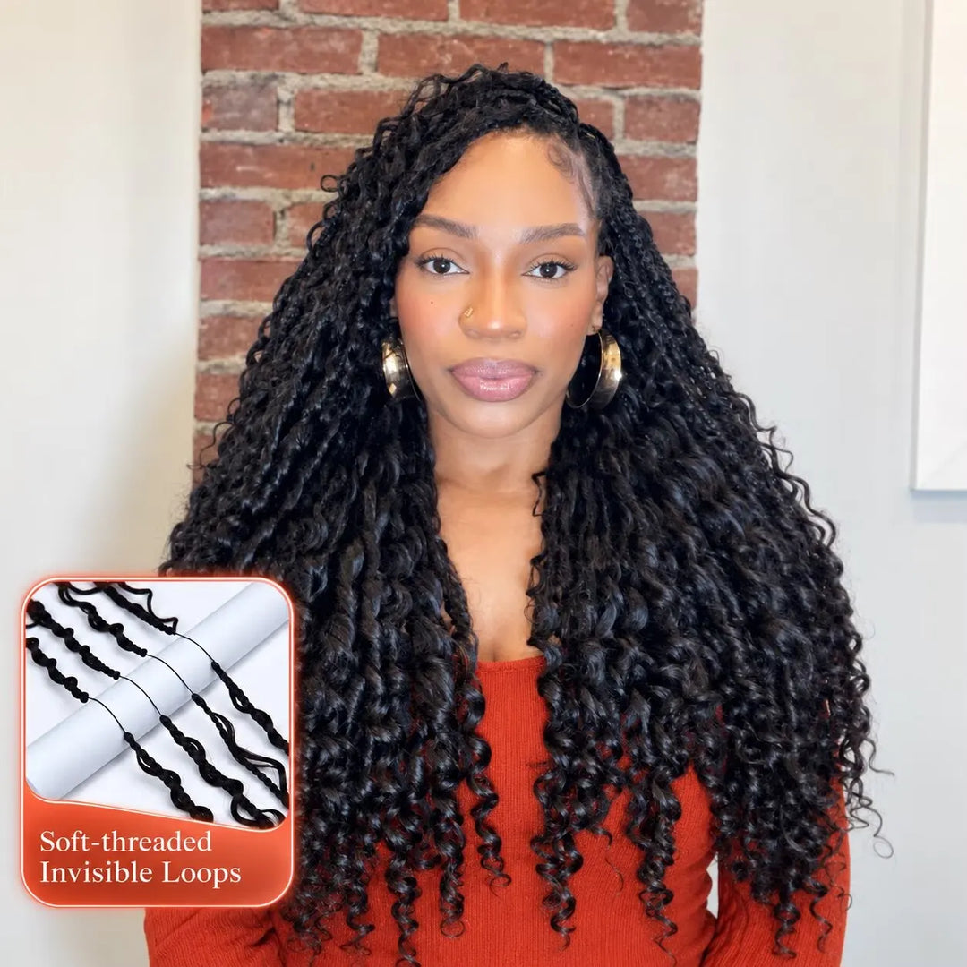 Model wearing Ywigs 2-in-1 Double Pre-Braided Miracle Knots with 22-inch human hair curls, showing long boho braids and soft curly ends