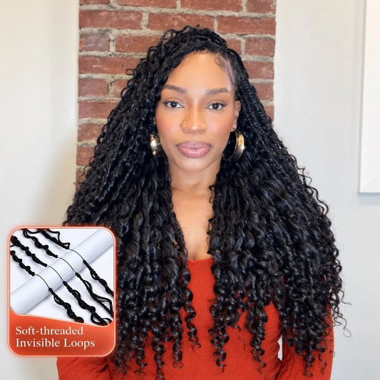 Model wearing Ywigs 2-in-1 Double Pre-Braided Miracle Knots with 22-inch human hair curls, showing long boho braids and soft curly ends