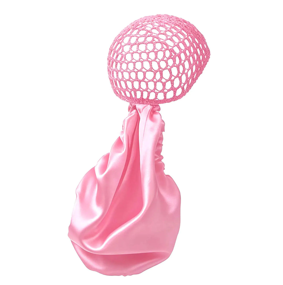 Ywigs 2 In 1 Wrap Cap Adjustable Bonnet for Sleeping in pink, featuring a breathable crochet mesh cap and soft satin bonnet
