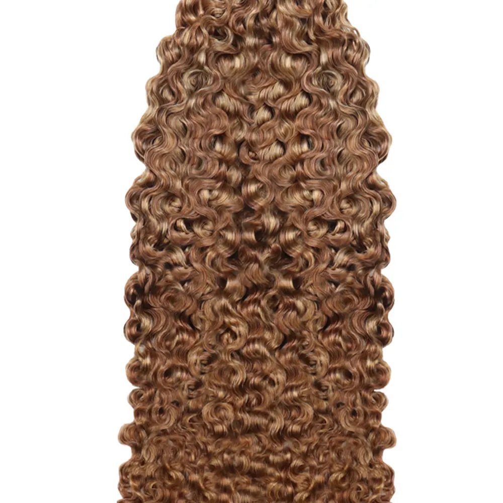 Close-up of Ywigs #27/30 Mix Color Blend Water Deep Wave Feather Crochet Hair showing its tightly defined waves and soft curly texture.