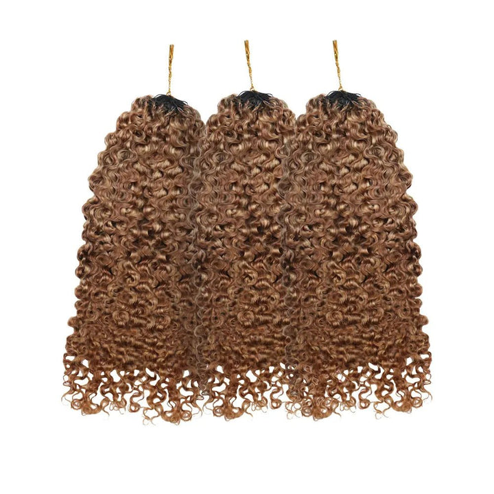 Three bundles of Ywigs #27/30 Mix Color Blend Water Deep Wave Feather Crochet Hair, featuring soft, defined curls in a warm brown and honey blonde blend.