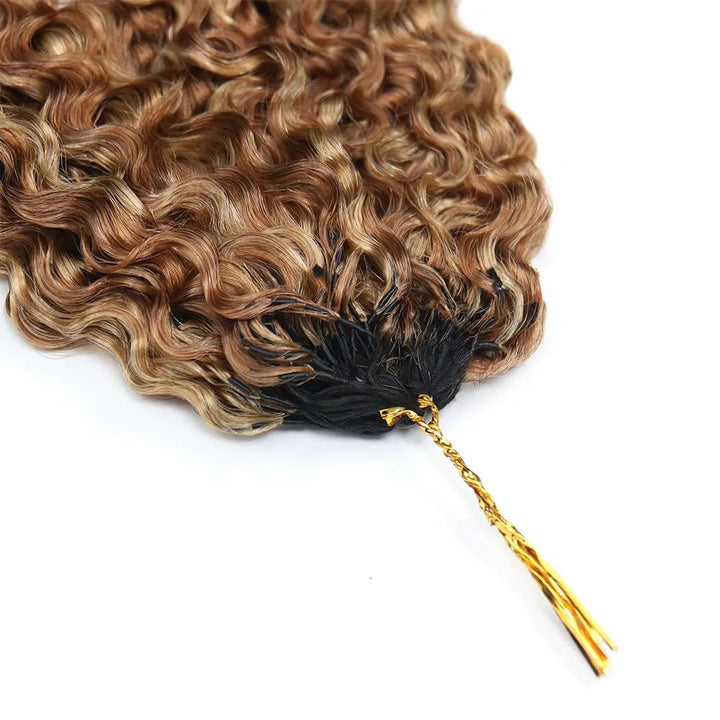 Close-up of the top attachment area of Ywigs #27/30 Mix Color Blend Water Deep Wave Feather Crochet Hair, showing the hair bundle construction and attachment thread.