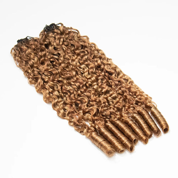 Detailed view of Ywigs #27/30 Water Curly Feather Crochet Human Hair showing warm color blend and full texture