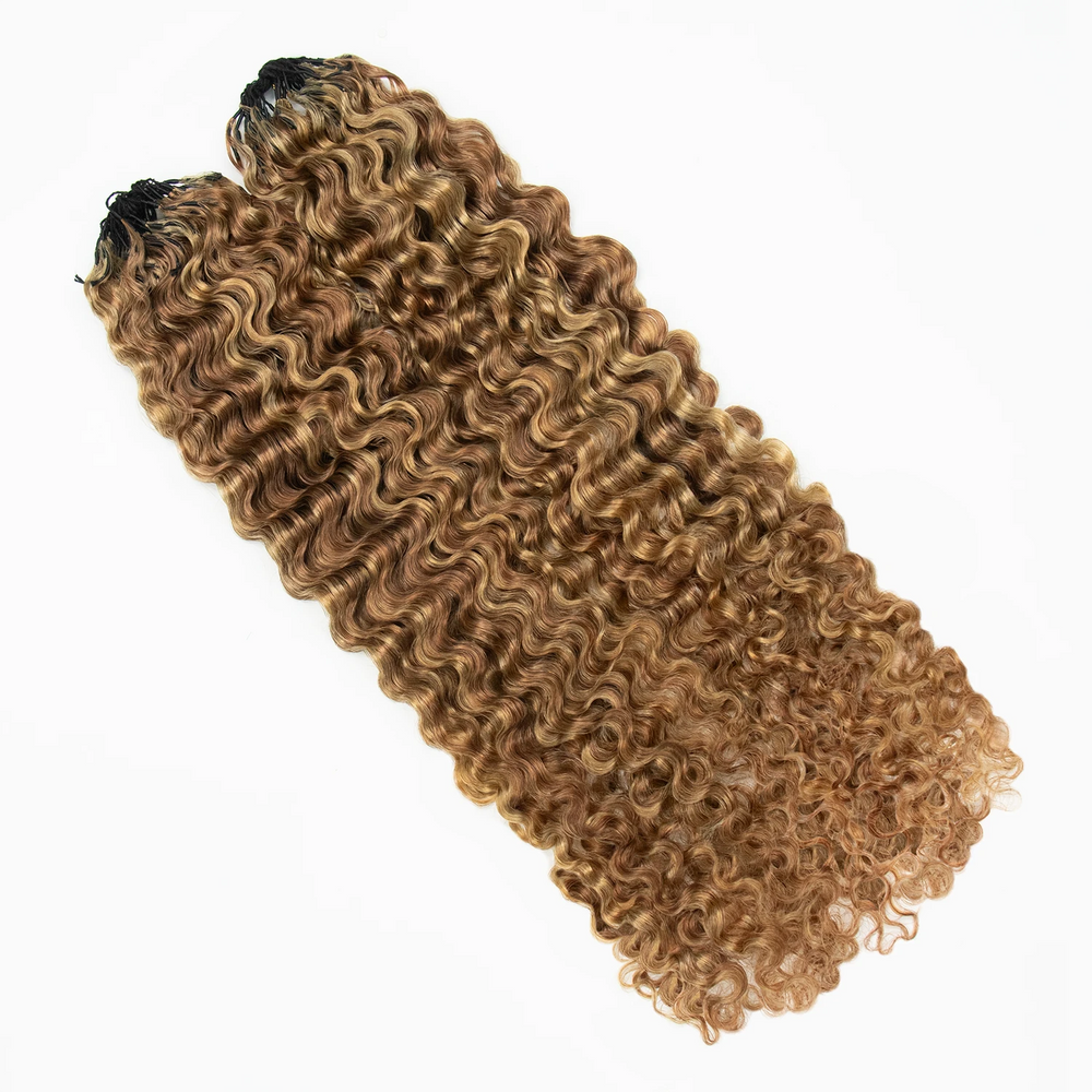 Detailed view of Ywigs #27/30 Mix Color Blend Water Deep Wave Feather Crochet Hair showing warm honey and caramel tones with full texture