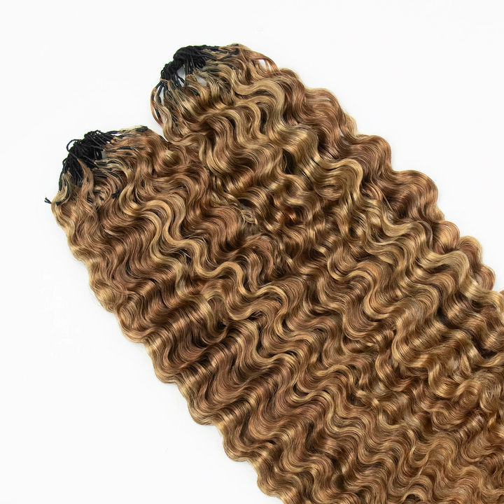 Top view of Ywigs #27/30 Water Deep Wave Feather Crochet Hair showing neat strands and blended color