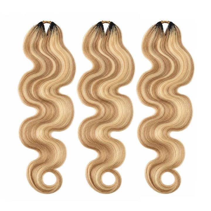 Three bundles of Ywigs #27/#613 Body Wave Human Crochet Hair in a dimensional blonde color blend with defined waves.