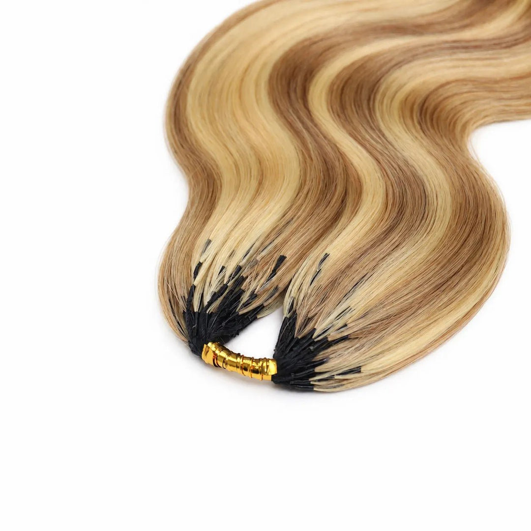 Close-up of the top attachment area of Ywigs #27/#613 Body Wave Human Crochet Hair, showing the bundle construction and blended blonde strands.