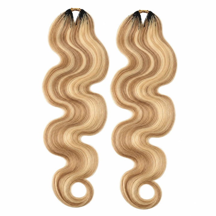 Two bundles of Ywigs #27/#613 Body Wave Human Crochet Hair featuring soft body waves and a honey blonde and platinum blonde color blend.